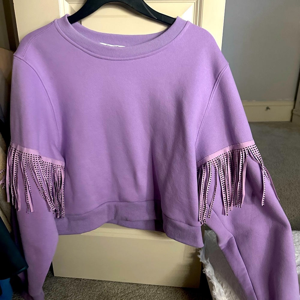 Purple fringe sparkle crew neck sweatshirt